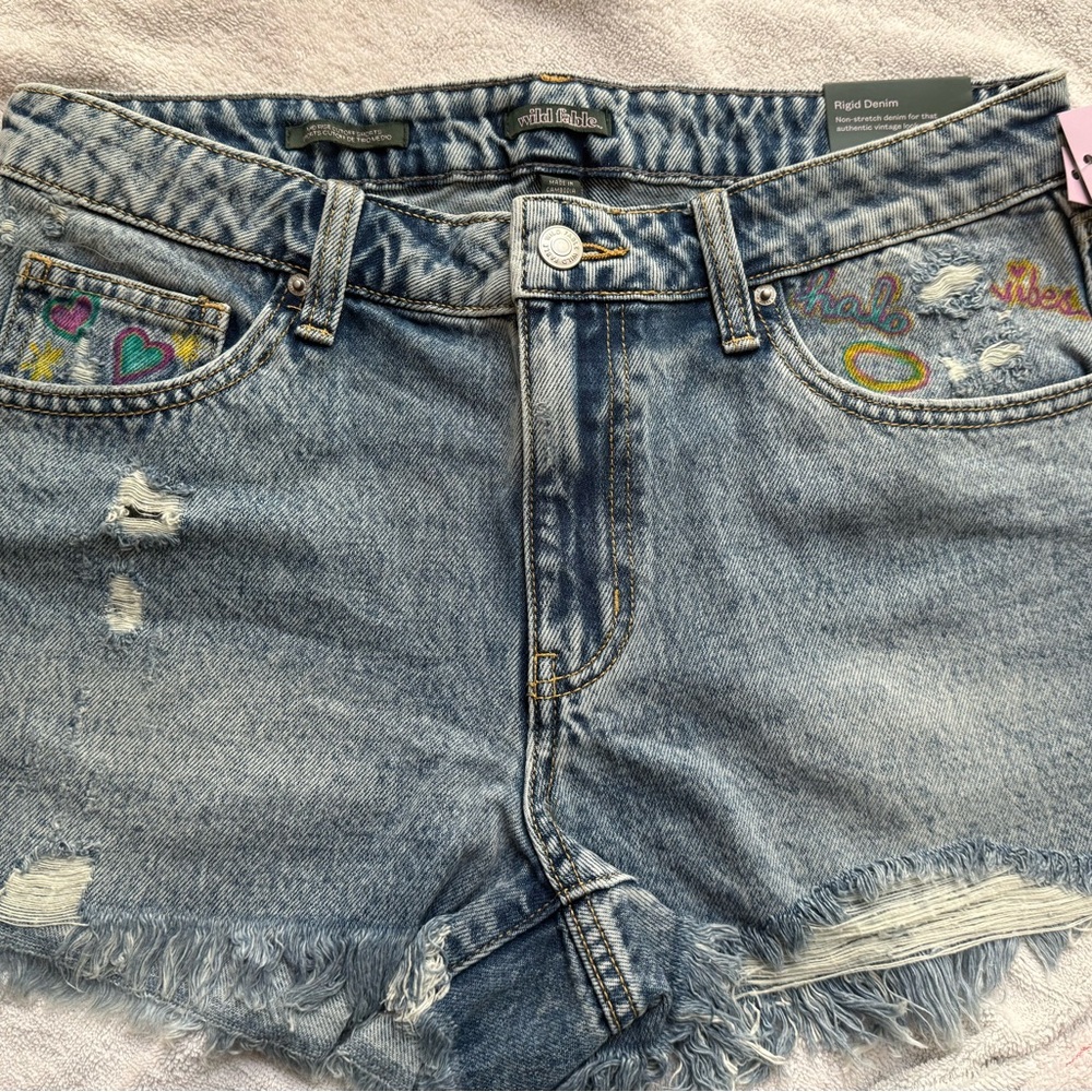 One of a Kind Jean Shorts w/ Hand-painted designs by artist - Picture 2 of 9